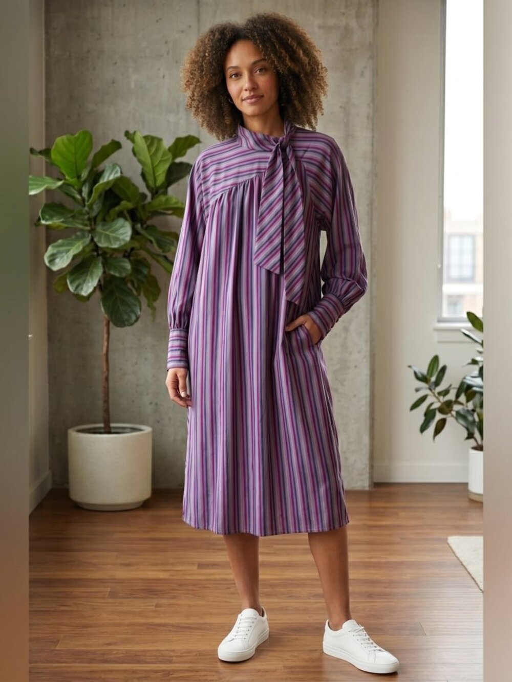 Vintage 1970s silk Striped Purple and Pink Women's Dress